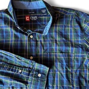 Chaps “easy care” Men’s Green/Navy Plaid Button 
Up Long Sleeve Shirt/ Size XL